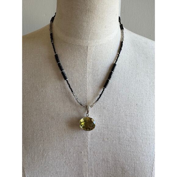 Big Lemon Citrine Carved Silver Pendant Black Onyx Labradorite Beaded Chain 20" - Picture 5 of 6